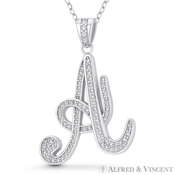 Initial Letter "A" Cursive Script CZ Crystal Pendant in .925 Sterling Silver - Picture 1 of 1